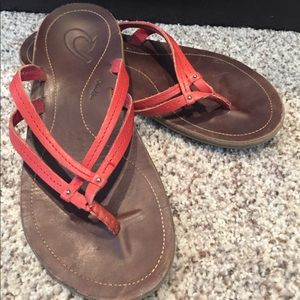OluKai red and brown leather sandals